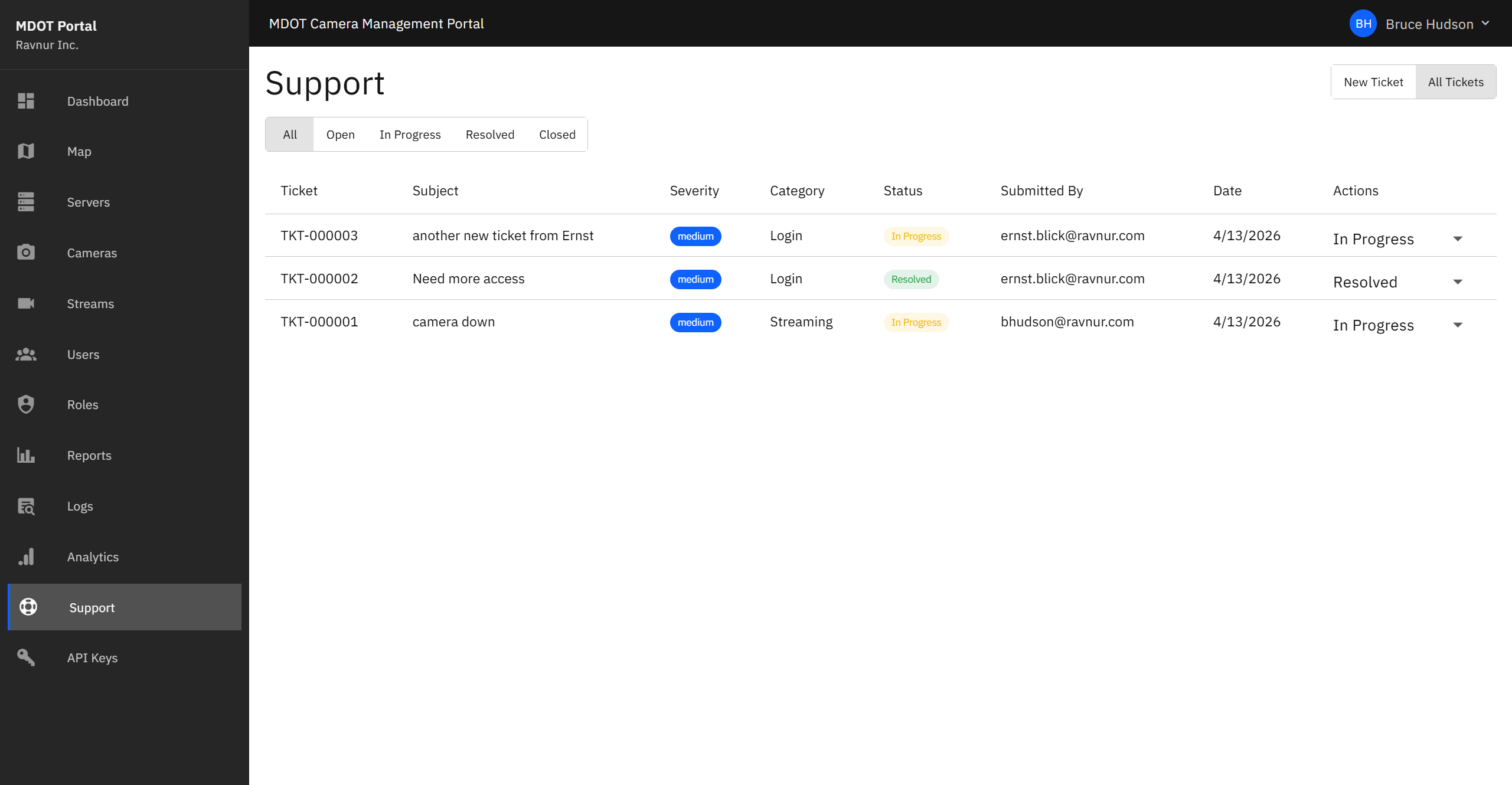 Ticket management view showing a table of all support tickets with columns for subject, submitter, severity, status, and date, with action buttons for updating status.